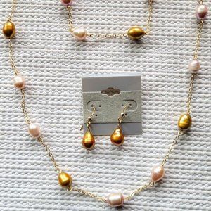 NEW Freshwater Cultured Pearls Golden & White Pearls Chain with earrings set